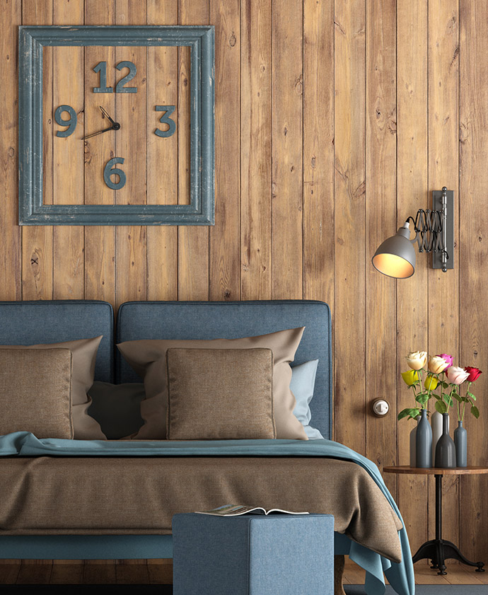 Master bedroom in rustic style Master bedroom in rustic style with blue double bedroom against wooden paneling 3d rendering