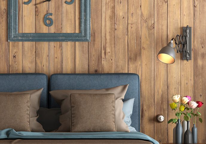 Master bedroom in rustic style with blue double bedroom against wooden paneling 3d rendering