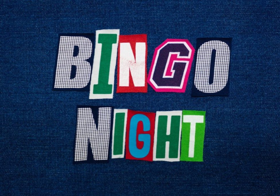 BINGO NIGHT word text collage, multi colored fabric on blue denim, game night concept, horizontal aspect